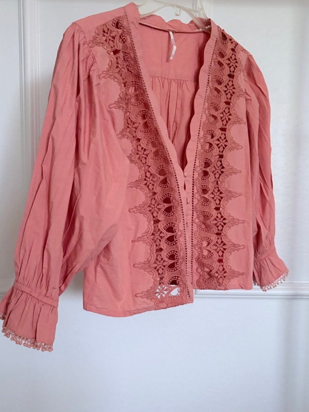 NWOT Free People Coral Lace Trim Cotton Blouse - L